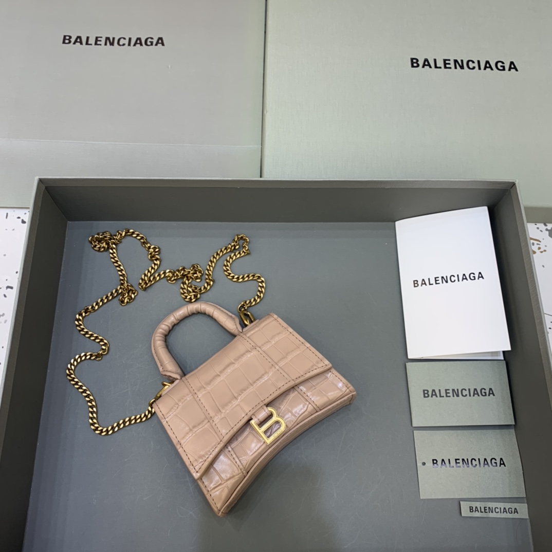 Balenciaga Hourglass Mini Handbag With Chain Crocodile Embossed Shoulder Bag Apricot